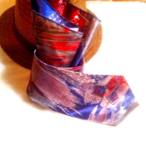 VINTAGE KETCH POCKET SQUARE & TIE SET ABSTRACT ASST'D SHADES REDS BLUES TANS LN - Picture 3 of 4